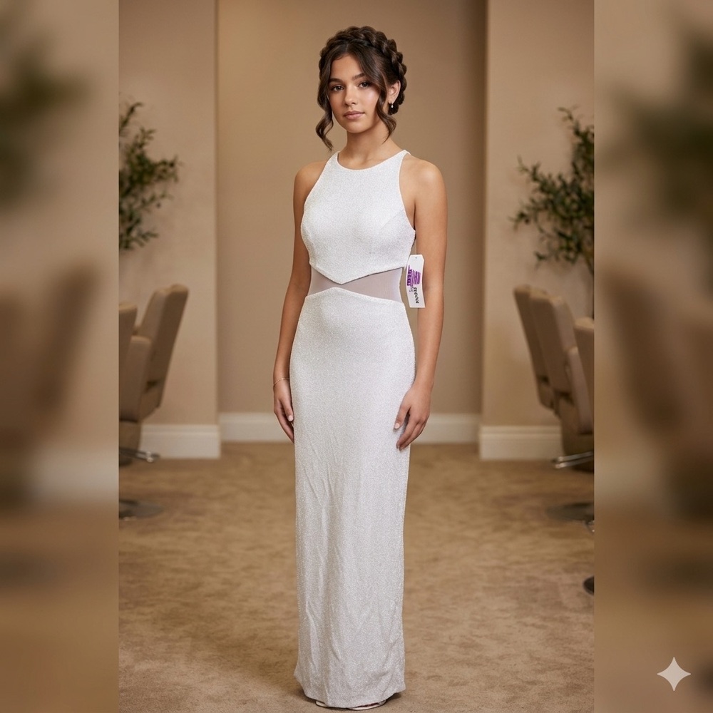NWT VINTAGE Betsy And Adam By Jaslene Size 10 White Glitter Long Wedding Prom